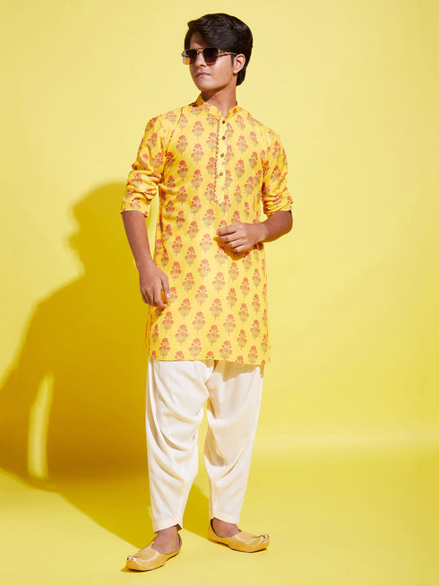 Boy's' Multicolor-Base-Mustard And Cream Kurta Patiala Set